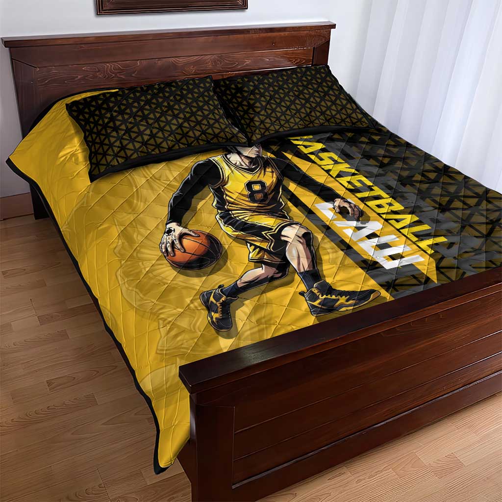 Trafalgar Law One Piece Basketball Theme Yellow and Black Design Quilt Bed Set with Heart Pirates Emblem and Action Pose - The Mazicc