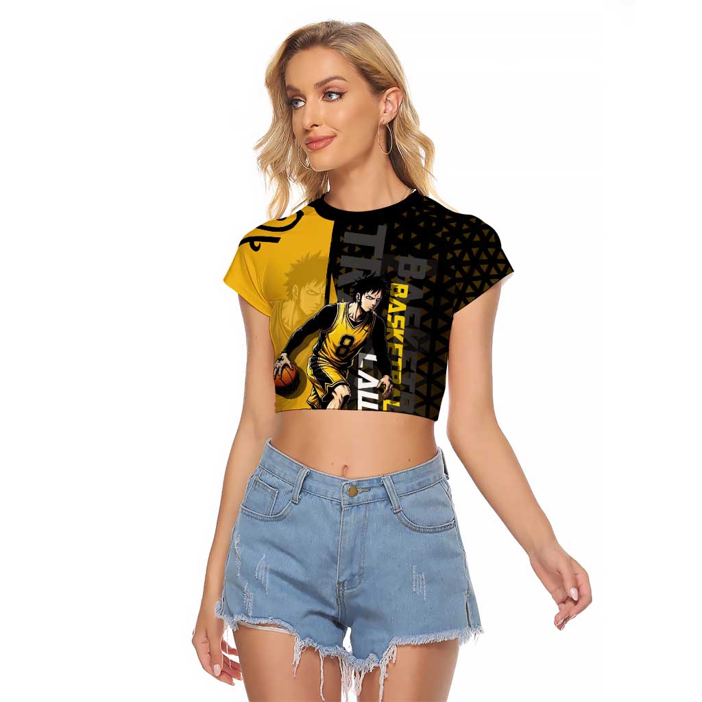 Trafalgar Law One Piece Basketball Theme Yellow and Black Design Raglan Cropped T Shirt with Heart Pirates Emblem and Action Pose - The Mazicc