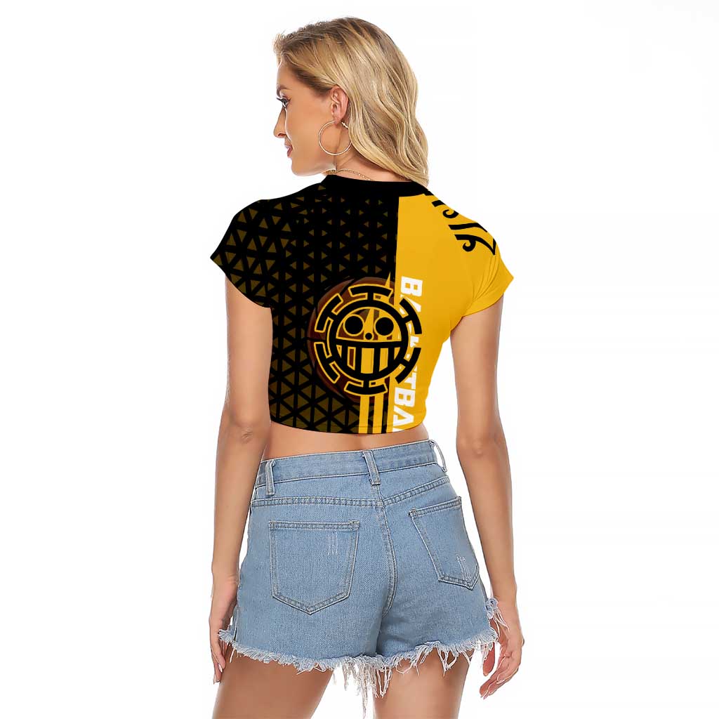 Trafalgar Law One Piece Basketball Theme Yellow and Black Design Raglan Cropped T Shirt with Heart Pirates Emblem and Action Pose - The Mazicc