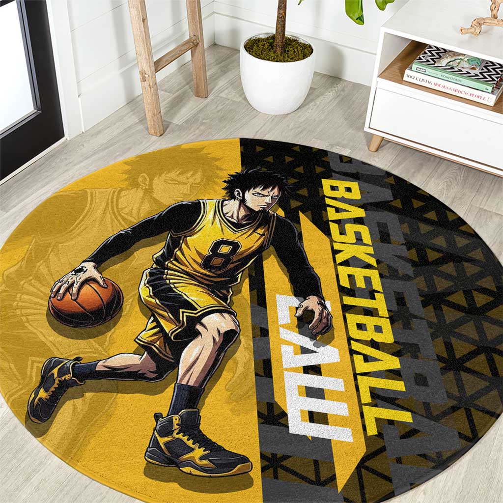 Trafalgar Law One Piece Basketball Theme Yellow and Black Design Round Carpet with Heart Pirates Emblem and Action Pose - The Mazicc