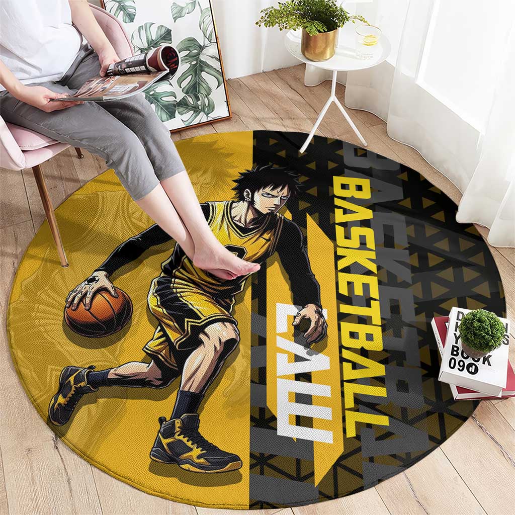 Trafalgar Law One Piece Basketball Theme Yellow and Black Design Round Carpet with Heart Pirates Emblem and Action Pose - The Mazicc