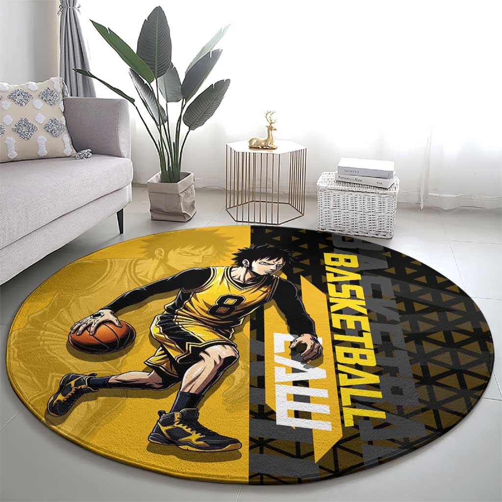 Trafalgar Law One Piece Basketball Theme Yellow and Black Design Round Carpet with Heart Pirates Emblem and Action Pose - The Mazicc