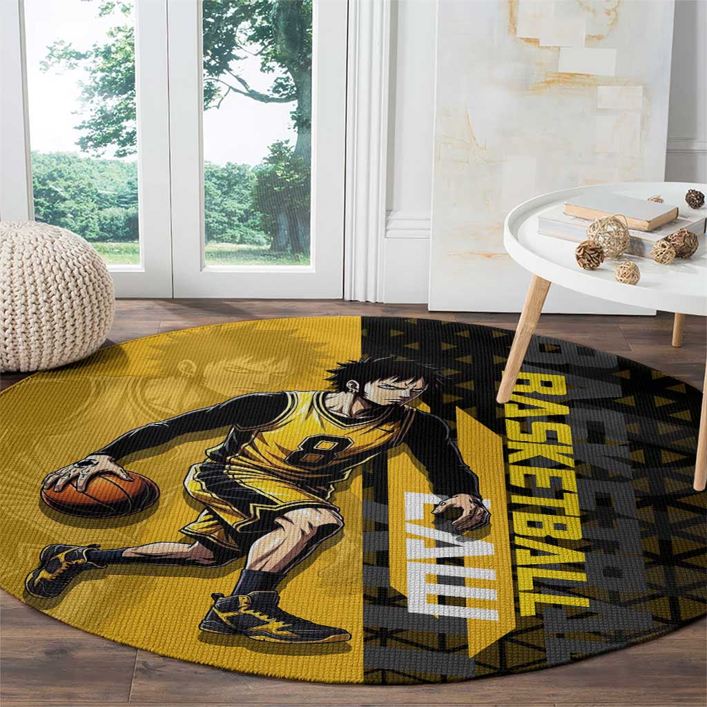 Trafalgar Law One Piece Basketball Theme Yellow and Black Design Round Carpet with Heart Pirates Emblem and Action Pose - The Mazicc