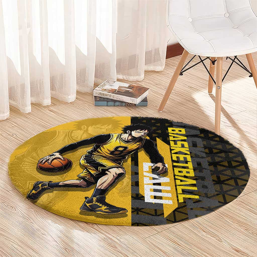 Trafalgar Law One Piece Basketball Theme Yellow and Black Design Round Carpet with Heart Pirates Emblem and Action Pose - The Mazicc