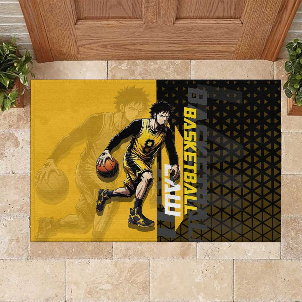 Trafalgar Law One Piece Basketball Theme Yellow and Black Design Rubber Doormat with Heart Pirates Emblem and Action Pose - The Mazicc
