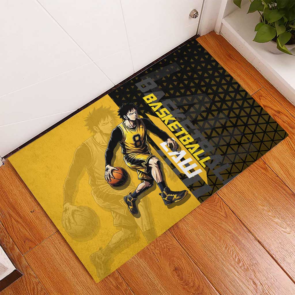 Trafalgar Law One Piece Basketball Theme Yellow and Black Design Rubber Doormat with Heart Pirates Emblem and Action Pose - The Mazicc