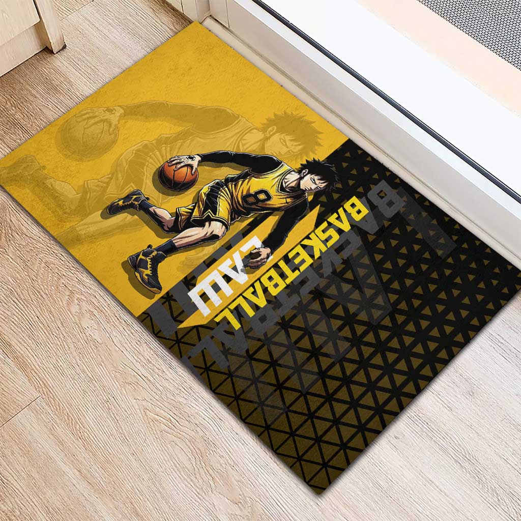 Trafalgar Law One Piece Basketball Theme Yellow and Black Design Rubber Doormat with Heart Pirates Emblem and Action Pose - The Mazicc