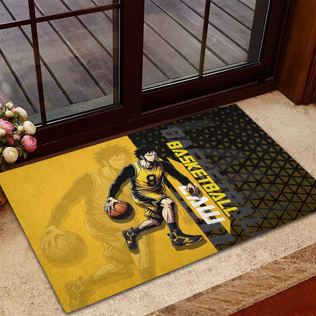 Trafalgar Law One Piece Basketball Theme Yellow and Black Design Rubber Doormat with Heart Pirates Emblem and Action Pose - The Mazicc
