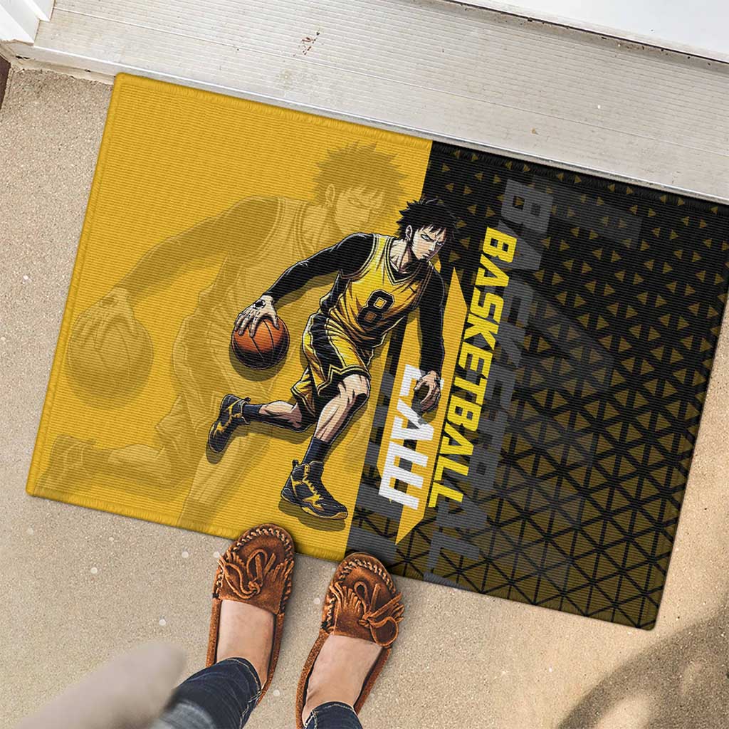 Trafalgar Law One Piece Basketball Theme Yellow and Black Design Rubber Doormat with Heart Pirates Emblem and Action Pose - The Mazicc