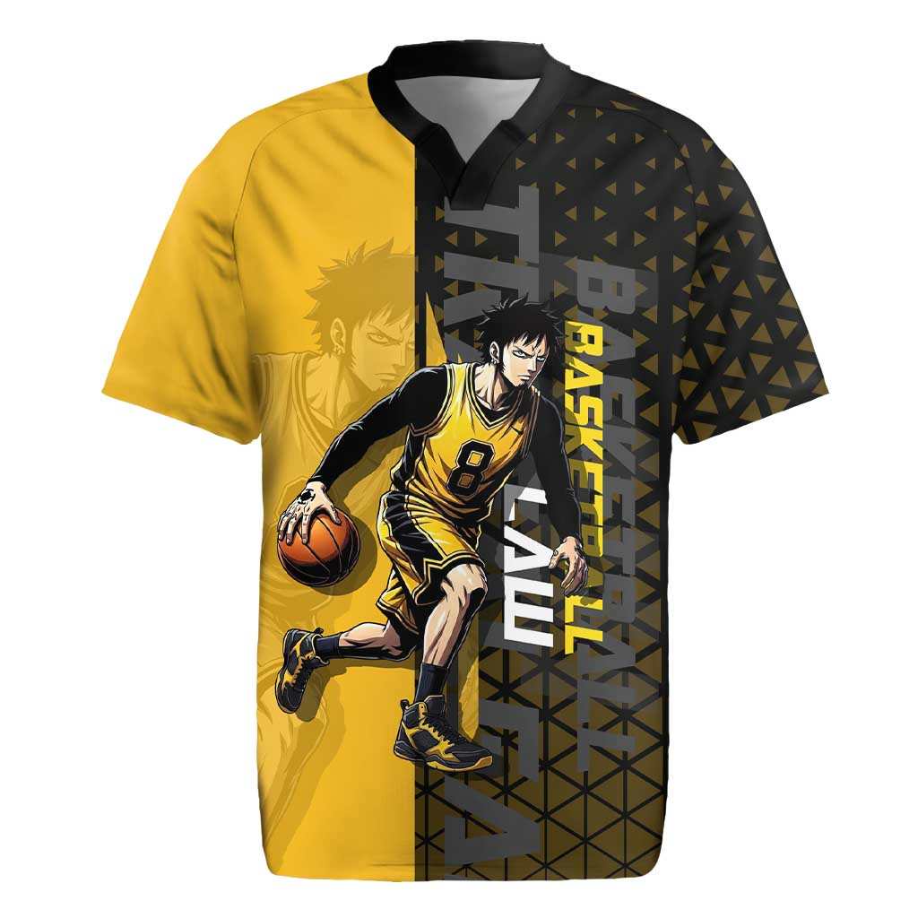 Trafalgar Law One Piece Basketball Theme Yellow and Black Design Rugby Jersey with Heart Pirates Emblem and Action Pose - The Mazicc