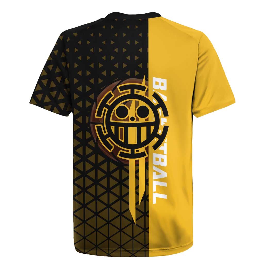 Trafalgar Law One Piece Basketball Theme Yellow and Black Design Rugby Jersey with Heart Pirates Emblem and Action Pose - The Mazicc