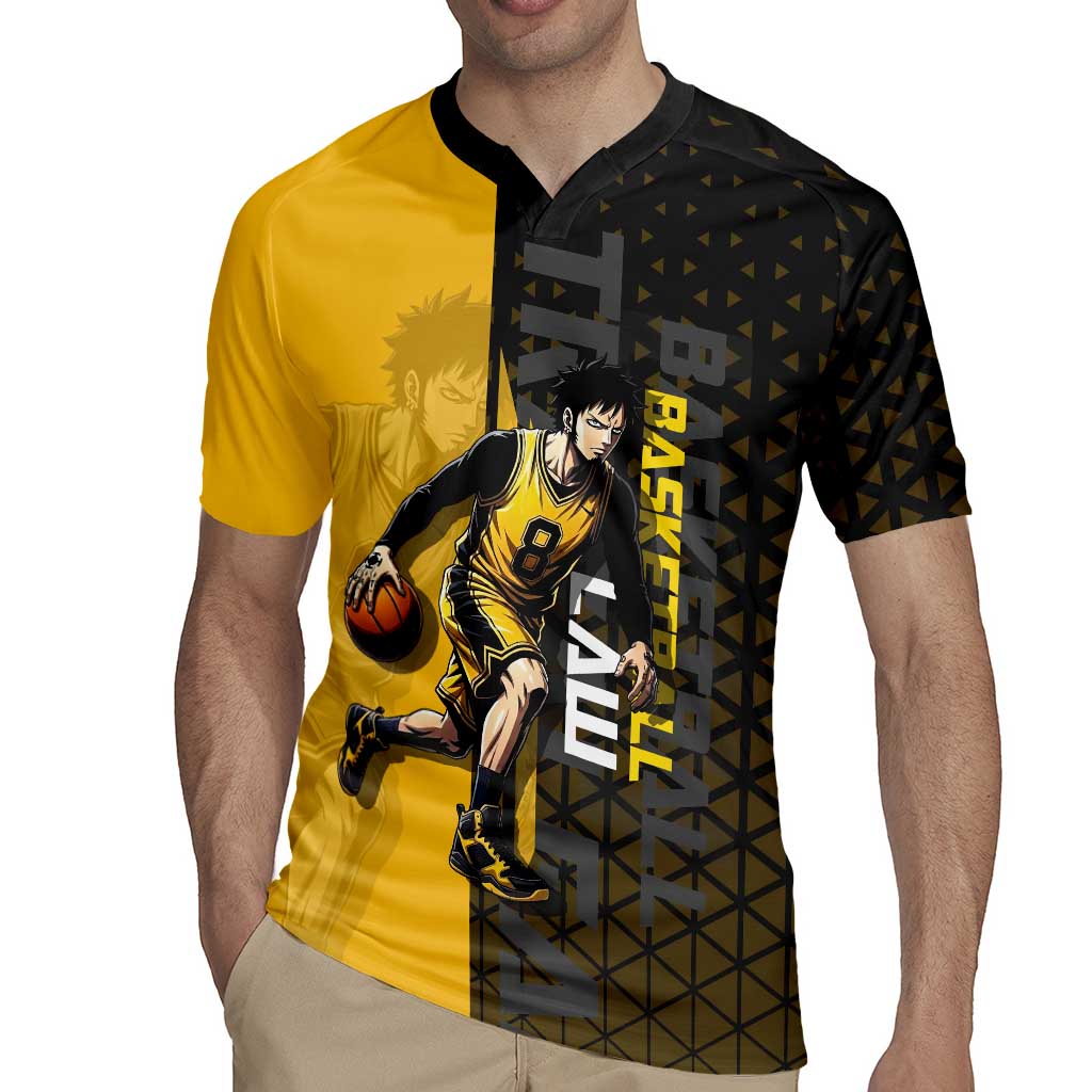 Trafalgar Law One Piece Basketball Theme Yellow and Black Design Rugby Jersey with Heart Pirates Emblem and Action Pose - The Mazicc