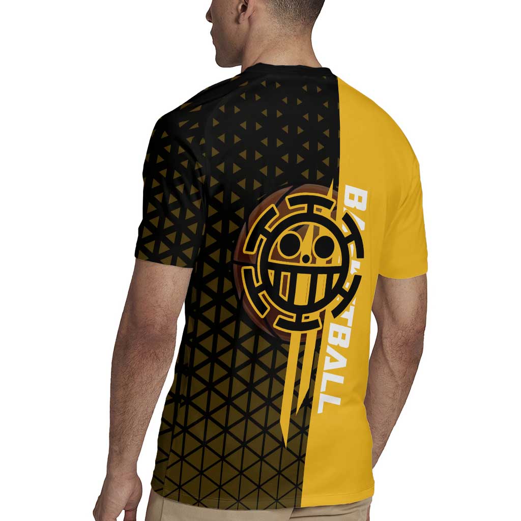 Trafalgar Law One Piece Basketball Theme Yellow and Black Design Rugby Jersey with Heart Pirates Emblem and Action Pose - The Mazicc