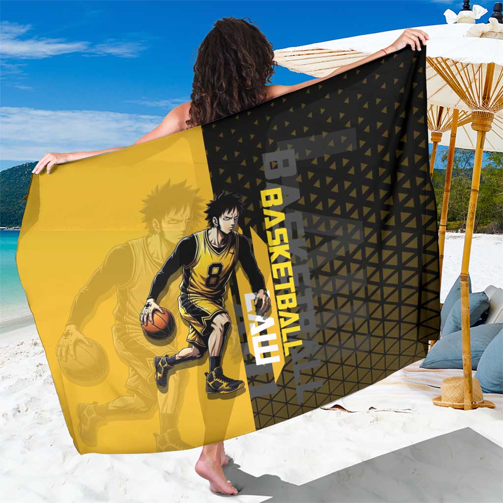 Trafalgar Law One Piece Basketball Theme Yellow and Black Design Sarong with Heart Pirates Emblem and Action Pose - The Mazicc