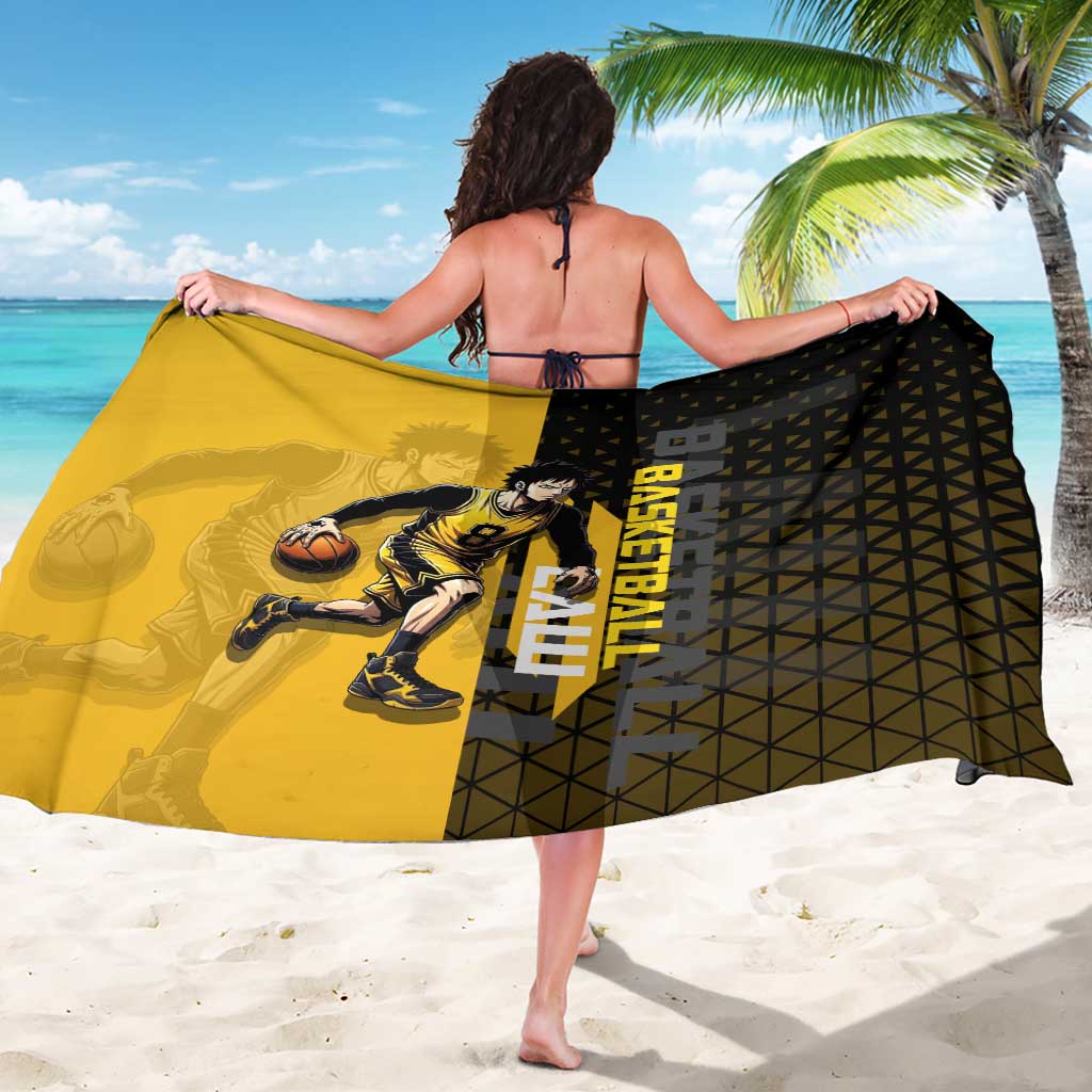 Trafalgar Law One Piece Basketball Theme Yellow and Black Design Sarong with Heart Pirates Emblem and Action Pose - The Mazicc