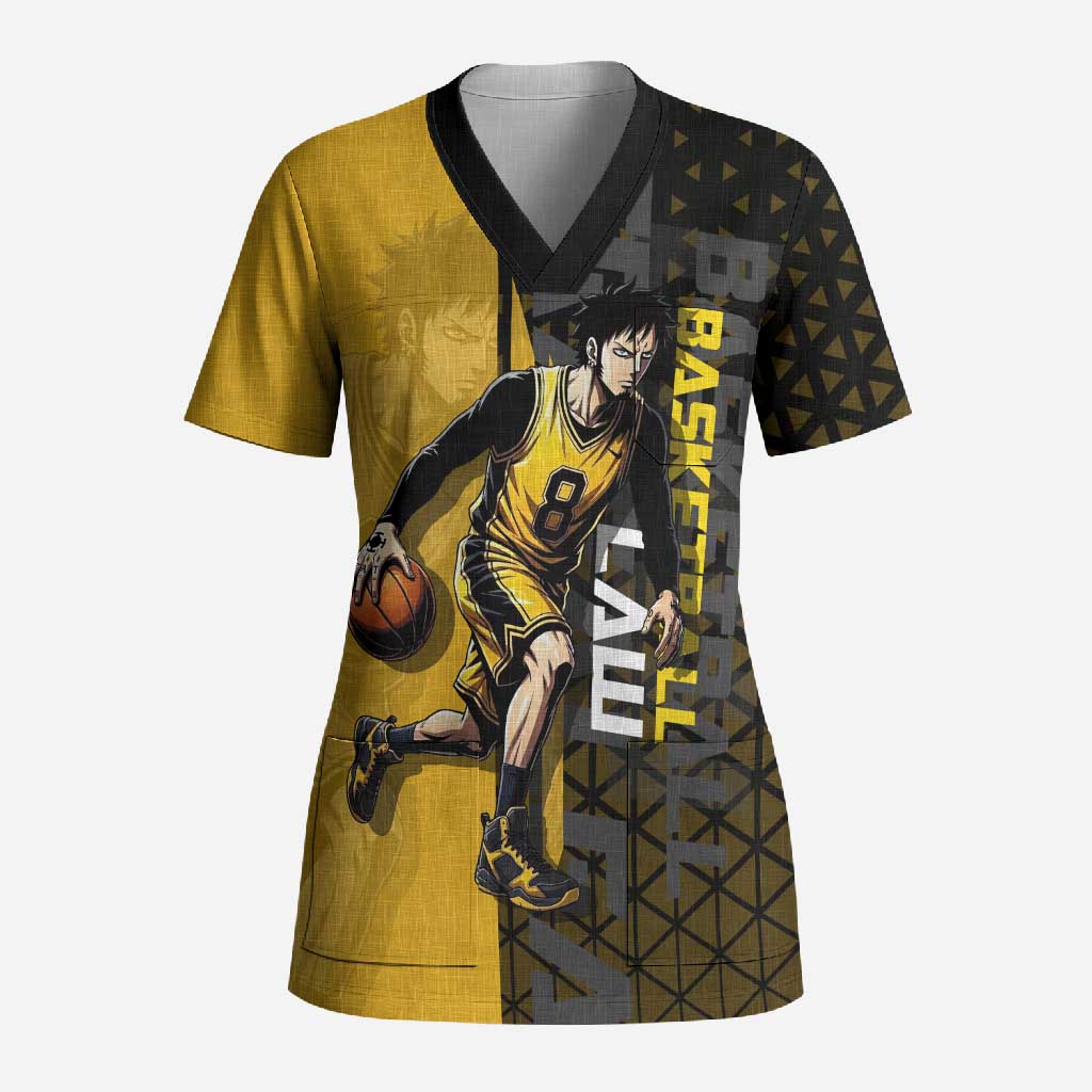 Trafalgar Law One Piece Basketball Theme Yellow and Black Design Scrub Top with Heart Pirates Emblem and Action Pose - The Mazicc