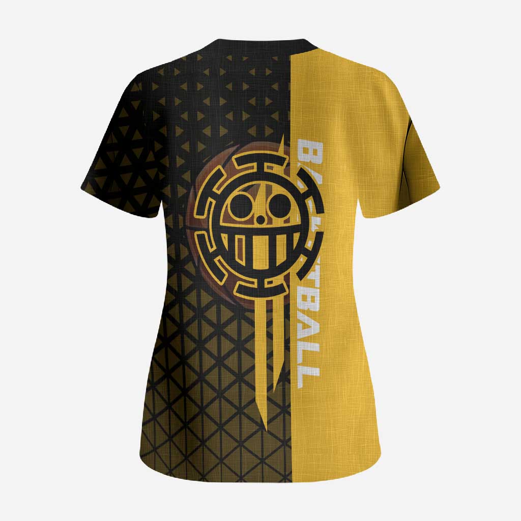 Trafalgar Law One Piece Basketball Theme Yellow and Black Design Scrub Top with Heart Pirates Emblem and Action Pose - The Mazicc