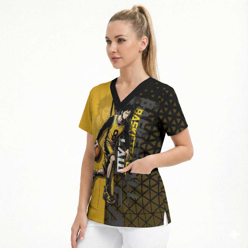 Trafalgar Law One Piece Basketball Theme Yellow and Black Design Scrub Top with Heart Pirates Emblem and Action Pose - The Mazicc