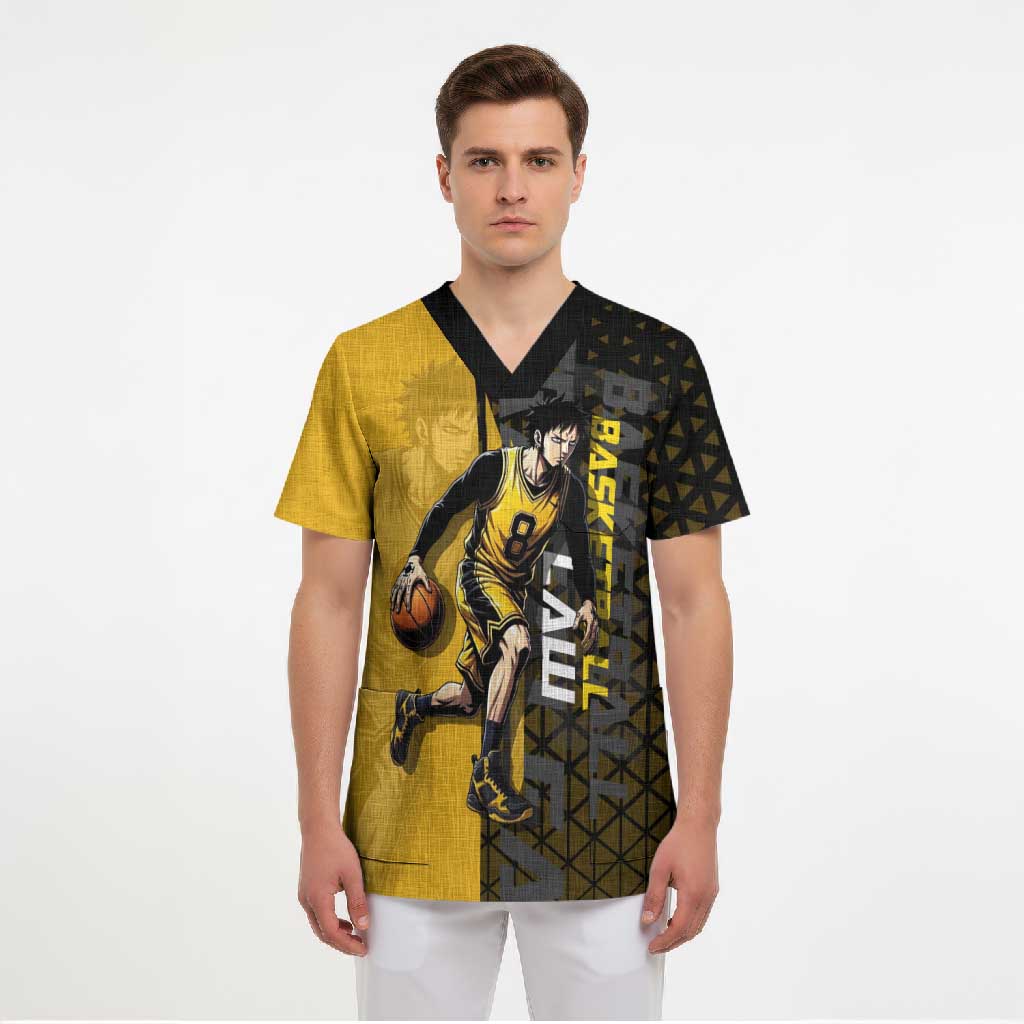 Trafalgar Law One Piece Basketball Theme Yellow and Black Design Scrub Top with Heart Pirates Emblem and Action Pose - The Mazicc