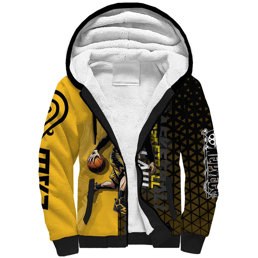 Trafalgar Law One Piece Basketball Theme Yellow and Black Design Sherpa Hoodie with Heart Pirates Emblem and Action Pose - The Mazicc