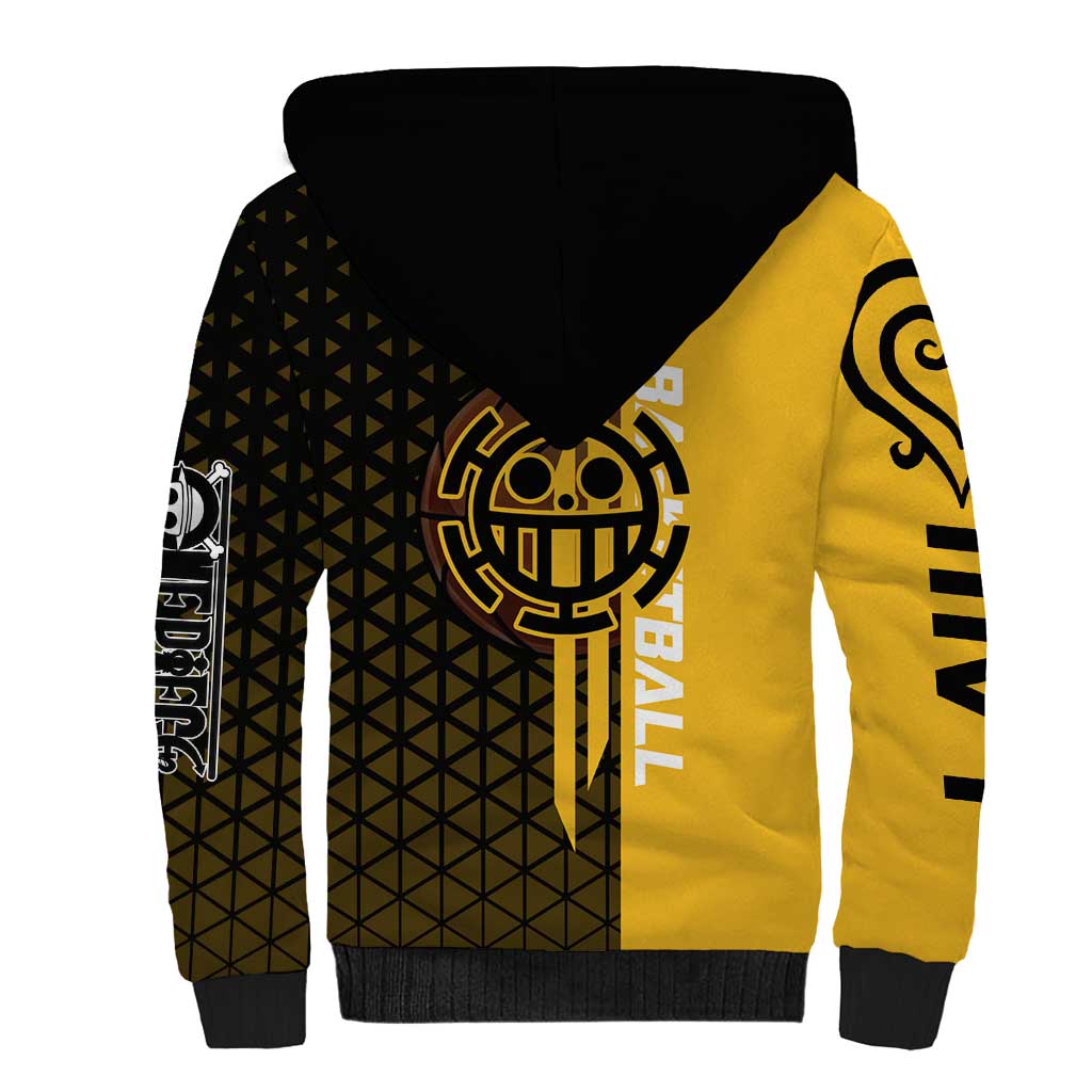 Trafalgar Law One Piece Basketball Theme Yellow and Black Design Sherpa Hoodie with Heart Pirates Emblem and Action Pose - The Mazicc