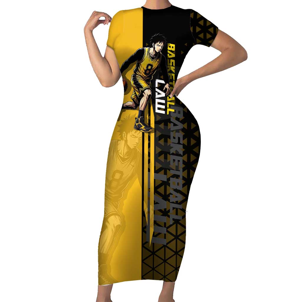 Trafalgar Law One Piece Basketball Theme Yellow and Black Design Short Sleeve Bodycon Dress with Heart Pirates Emblem and Action Pose - The Mazicc