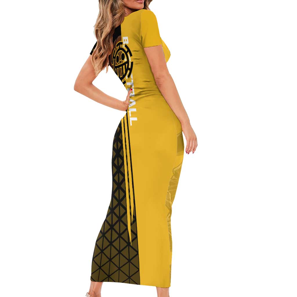 Trafalgar Law One Piece Basketball Theme Yellow and Black Design Short Sleeve Bodycon Dress with Heart Pirates Emblem and Action Pose - The Mazicc