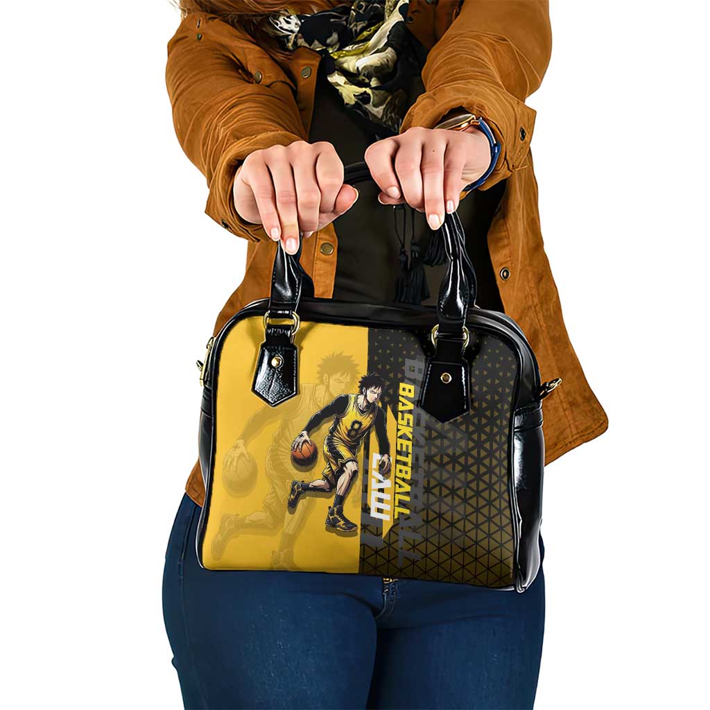 Trafalgar Law One Piece Basketball Theme Yellow and Black Design Shoulder Handbag with Heart Pirates Emblem and Action Pose - The Mazicc
