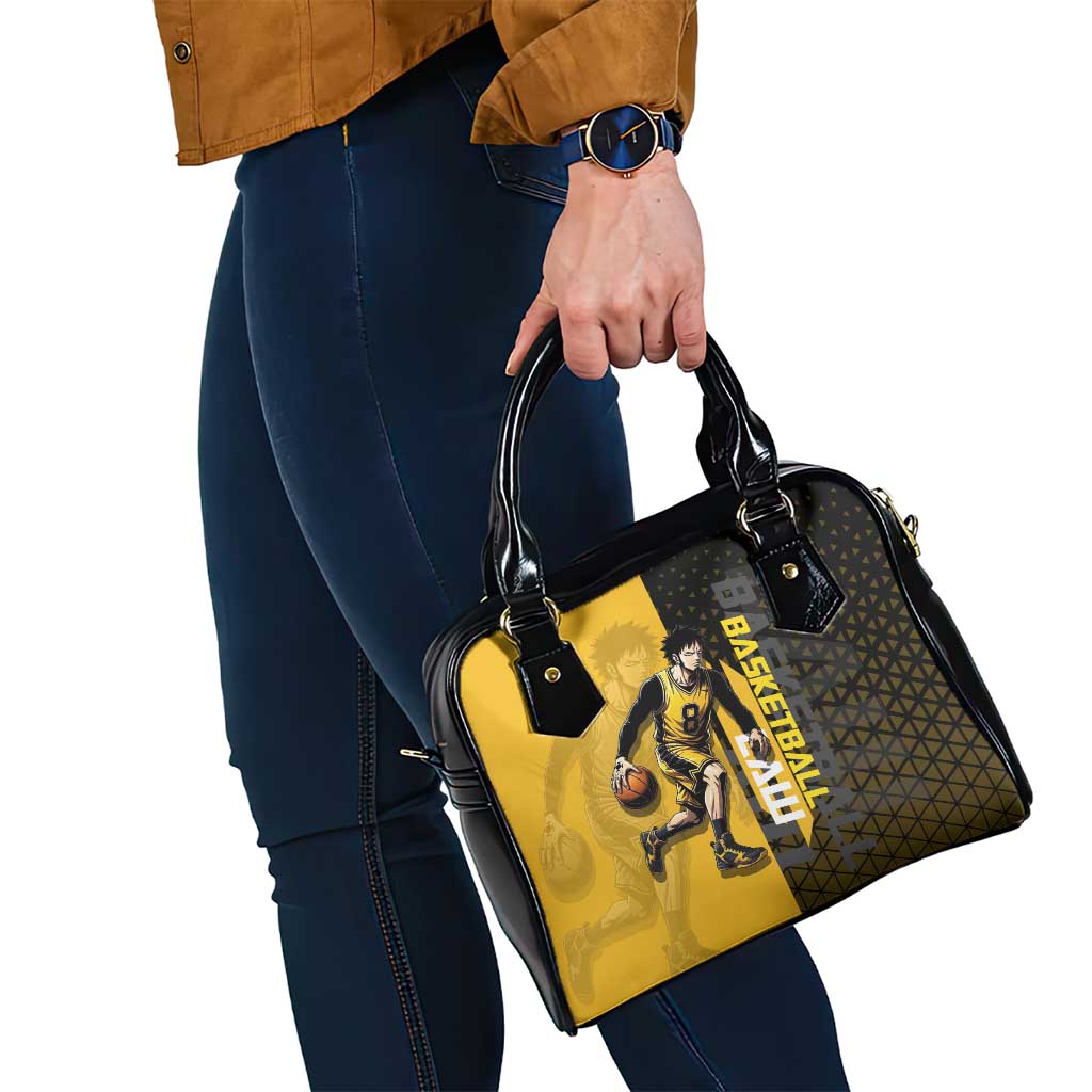 Trafalgar Law One Piece Basketball Theme Yellow and Black Design Shoulder Handbag with Heart Pirates Emblem and Action Pose - The Mazicc