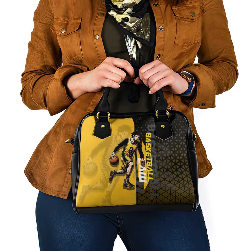 Trafalgar Law One Piece Basketball Theme Yellow and Black Design Shoulder Handbag with Heart Pirates Emblem and Action Pose - The Mazicc