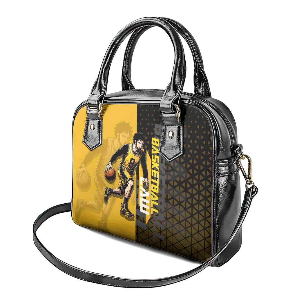 Trafalgar Law One Piece Basketball Theme Yellow and Black Design Shoulder Handbag with Heart Pirates Emblem and Action Pose - The Mazicc