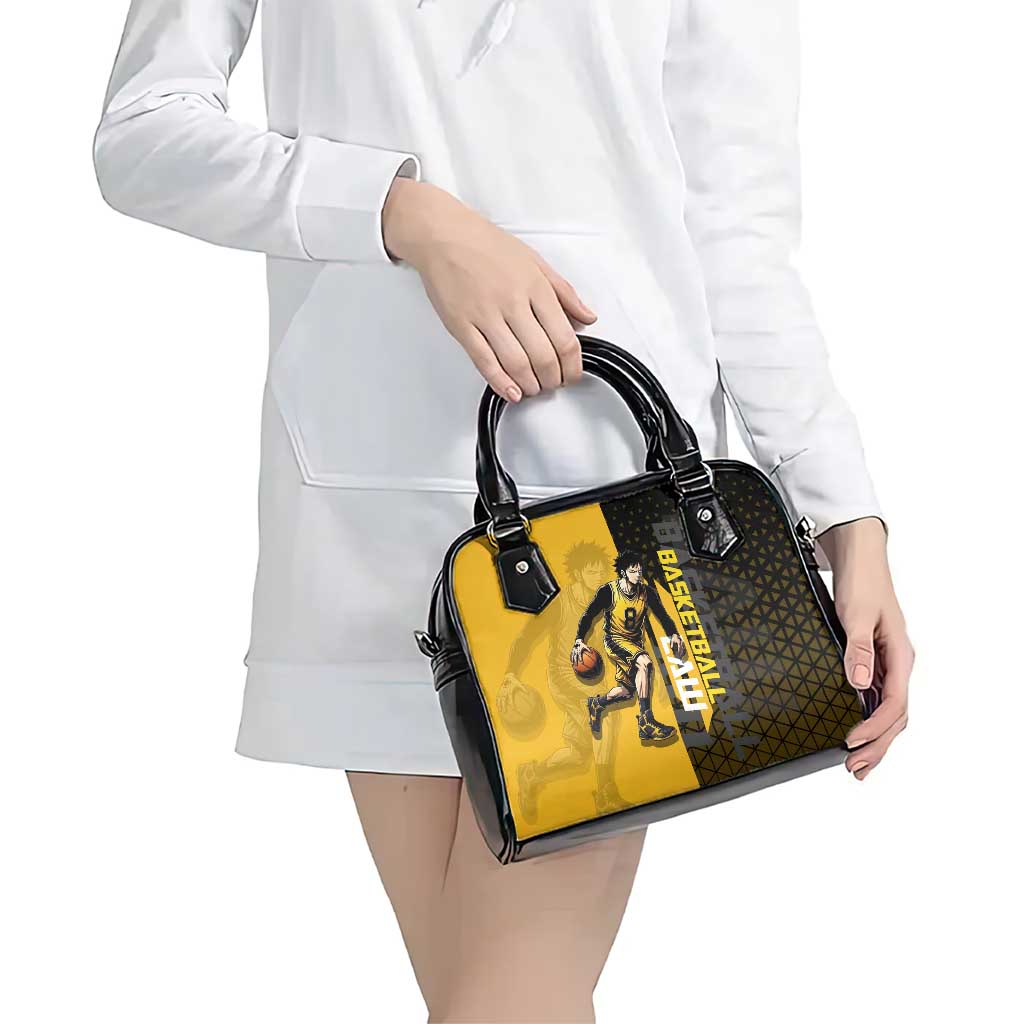 Trafalgar Law One Piece Basketball Theme Yellow and Black Design Shoulder Handbag with Heart Pirates Emblem and Action Pose - The Mazicc