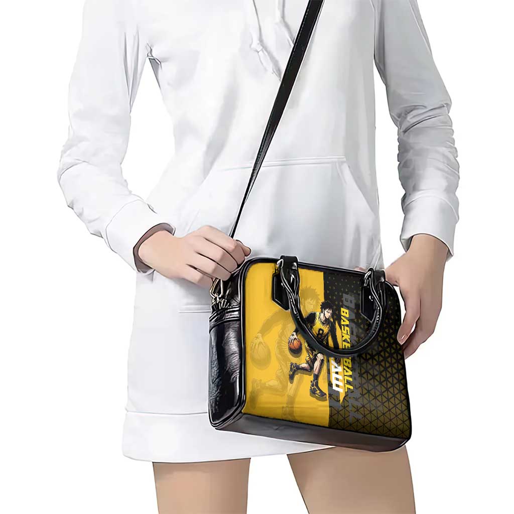 Trafalgar Law One Piece Basketball Theme Yellow and Black Design Shoulder Handbag with Heart Pirates Emblem and Action Pose - The Mazicc