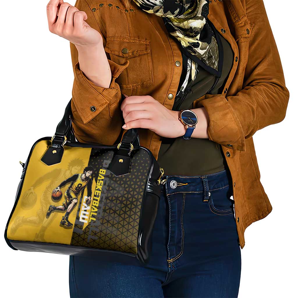 Trafalgar Law One Piece Basketball Theme Yellow and Black Design Shoulder Handbag with Heart Pirates Emblem and Action Pose - The Mazicc