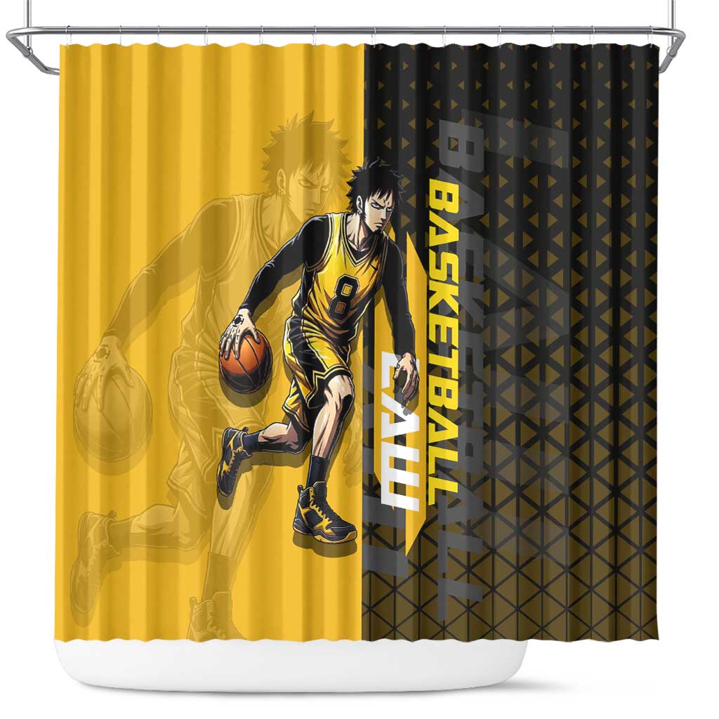 Trafalgar Law One Piece Basketball Theme Yellow and Black Design Shower Curtain with Heart Pirates Emblem and Action Pose - The Mazicc