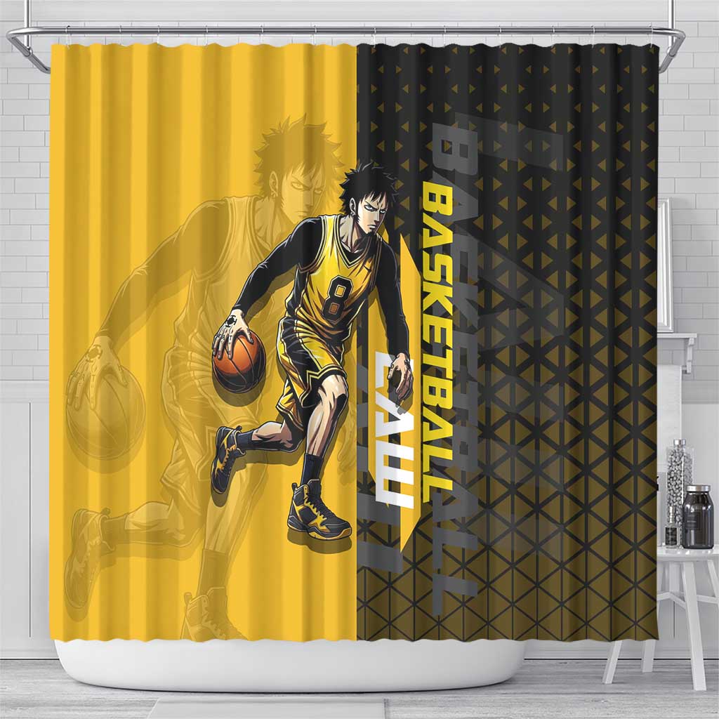 Trafalgar Law One Piece Basketball Theme Yellow and Black Design Shower Curtain with Heart Pirates Emblem and Action Pose - The Mazicc