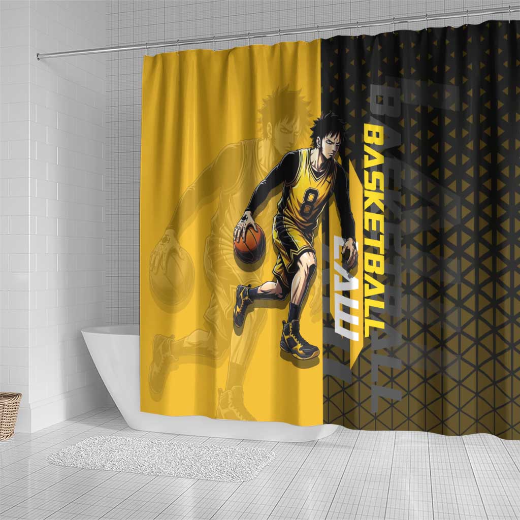 Trafalgar Law One Piece Basketball Theme Yellow and Black Design Shower Curtain with Heart Pirates Emblem and Action Pose - The Mazicc