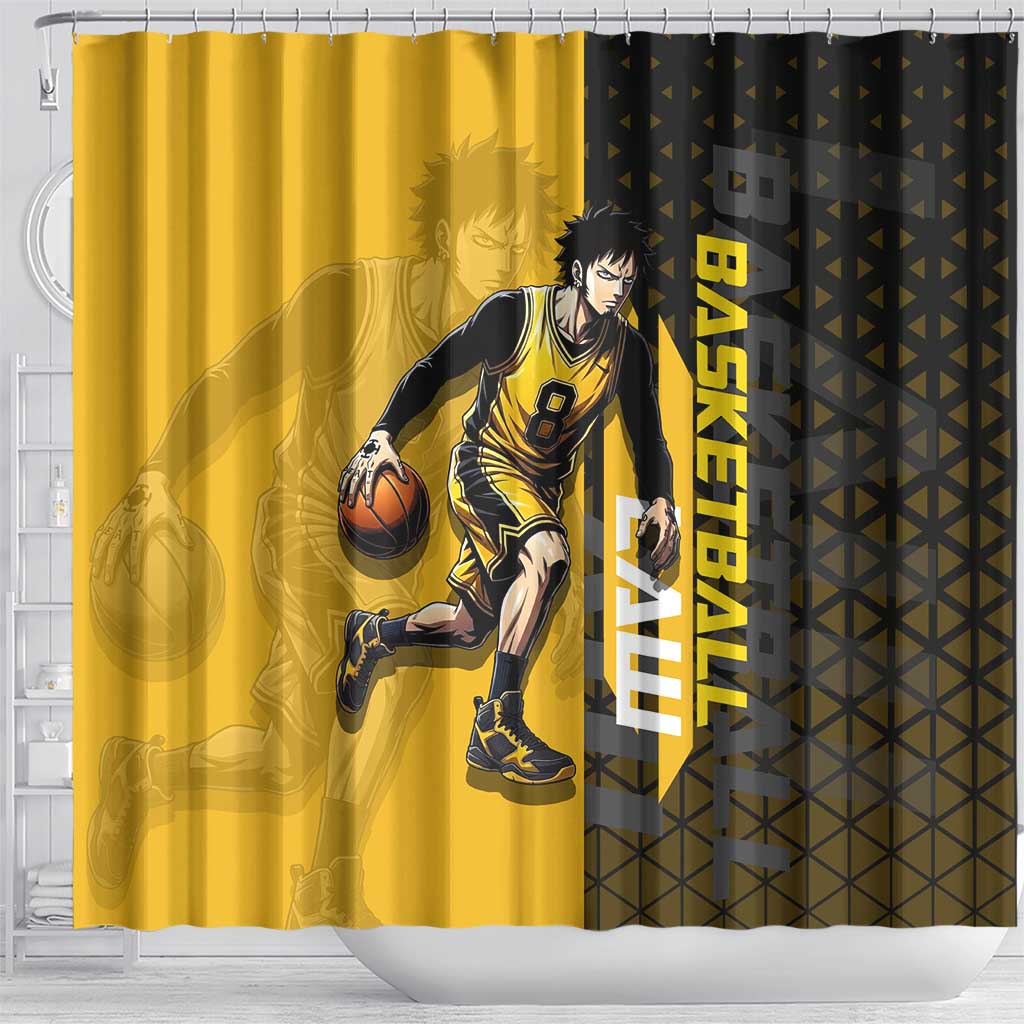 Trafalgar Law One Piece Basketball Theme Yellow and Black Design Shower Curtain with Heart Pirates Emblem and Action Pose - The Mazicc
