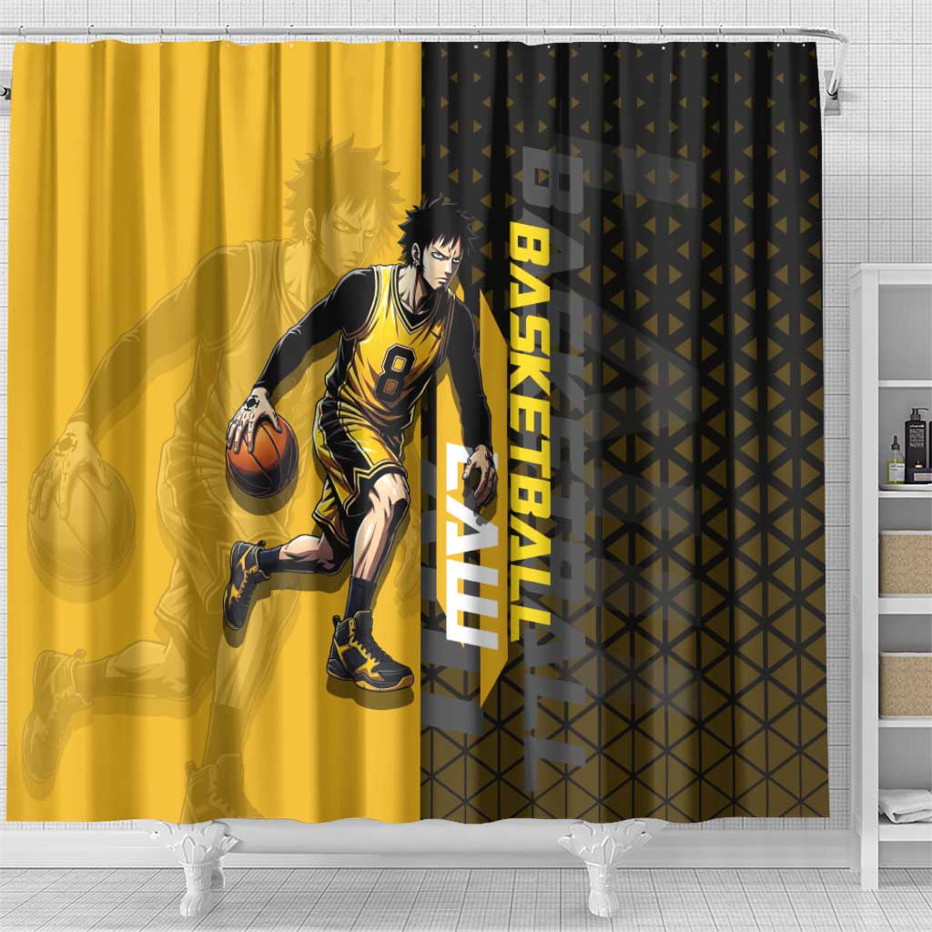 Trafalgar Law One Piece Basketball Theme Yellow and Black Design Shower Curtain with Heart Pirates Emblem and Action Pose - The Mazicc