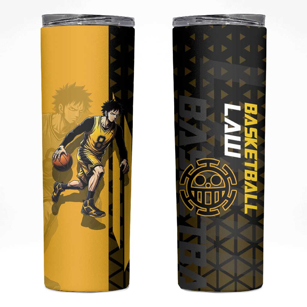 Trafalgar Law One Piece Basketball Theme Yellow and Black Design Skinny Tumbler with Heart Pirates Emblem and Action Pose - The Mazicc