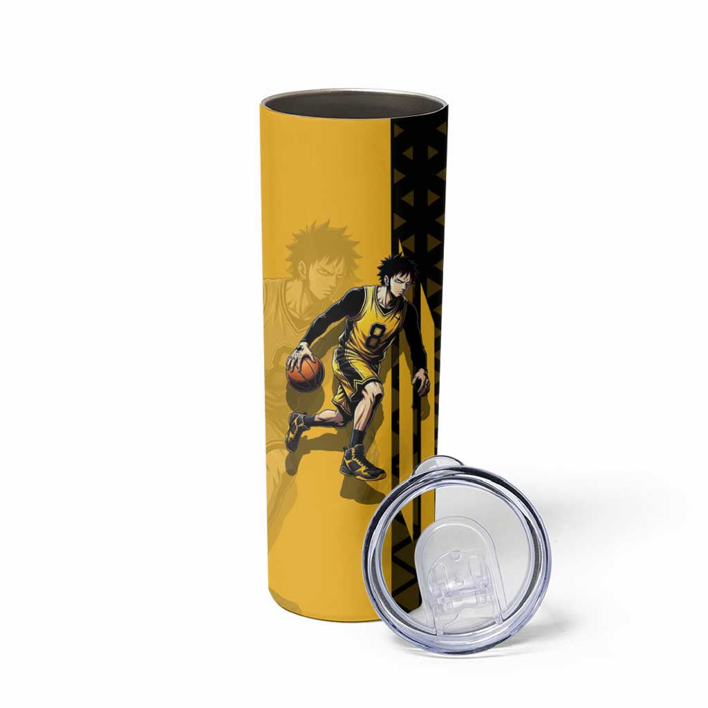 Trafalgar Law One Piece Basketball Theme Yellow and Black Design Skinny Tumbler with Heart Pirates Emblem and Action Pose - The Mazicc