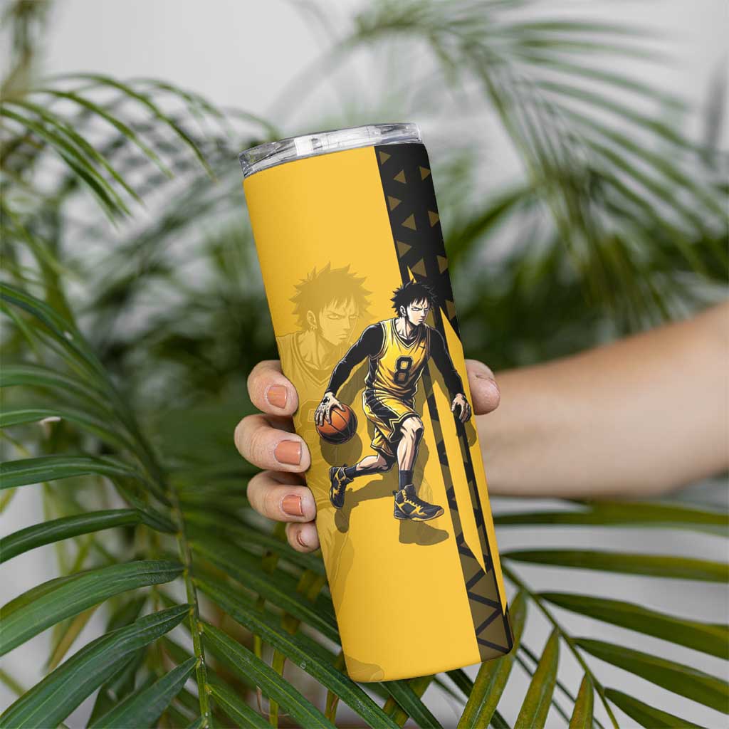 Trafalgar Law One Piece Basketball Theme Yellow and Black Design Skinny Tumbler with Heart Pirates Emblem and Action Pose - The Mazicc
