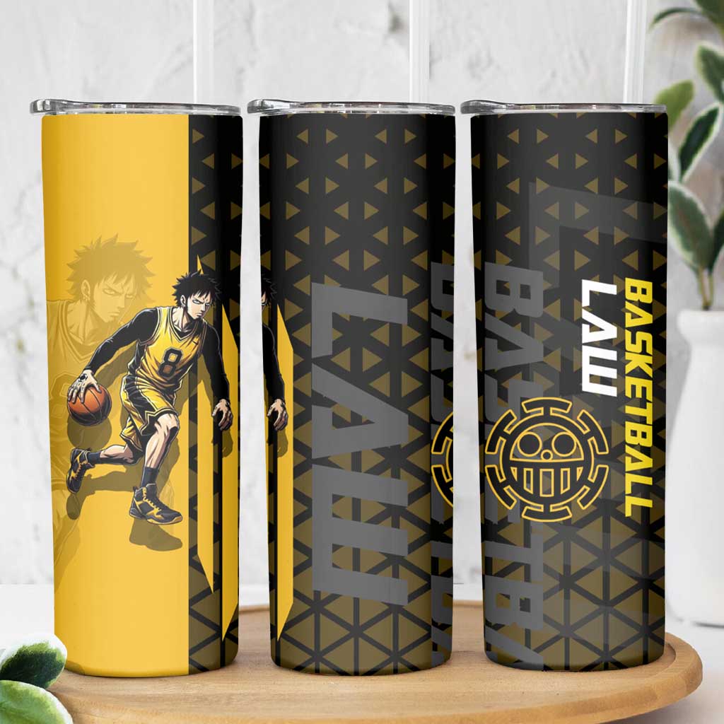 Trafalgar Law One Piece Basketball Theme Yellow and Black Design Skinny Tumbler with Heart Pirates Emblem and Action Pose - The Mazicc