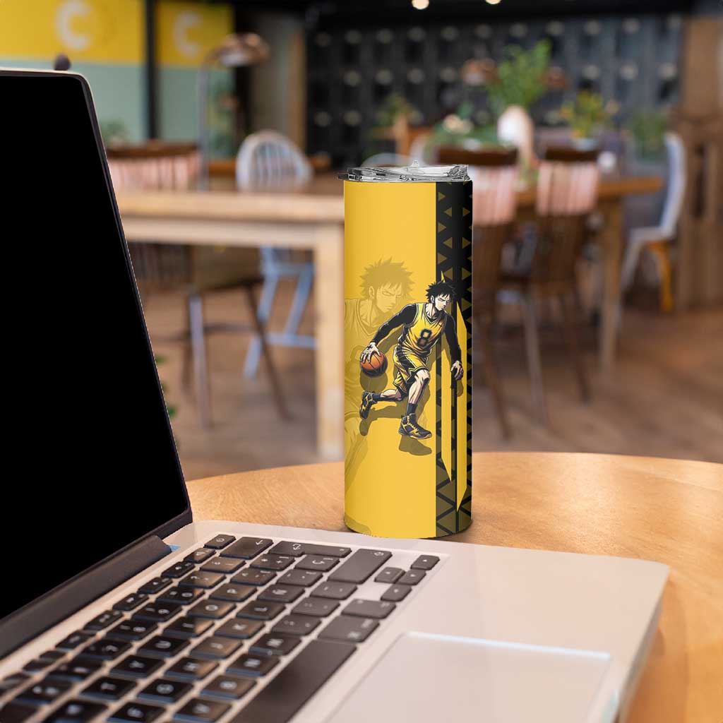 Trafalgar Law One Piece Basketball Theme Yellow and Black Design Skinny Tumbler with Heart Pirates Emblem and Action Pose - The Mazicc