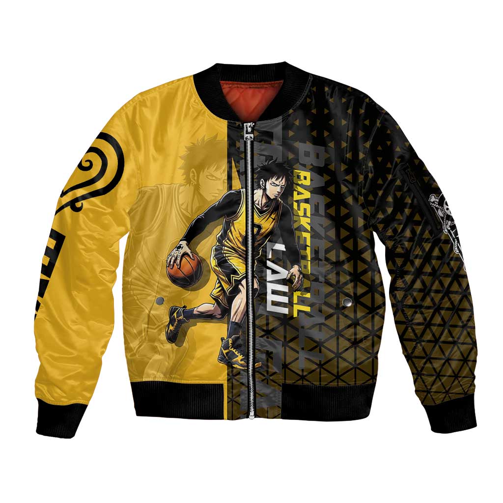 Trafalgar Law One Piece Basketball Theme Yellow and Black Design Sleeve Zip Bomber Jacket with Heart Pirates Emblem and Action Pose - The Mazicc