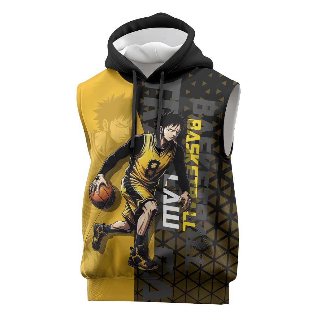 Trafalgar Law One Piece Basketball Theme Yellow and Black Design Sleeveless Hoodie with Heart Pirates Emblem and Action Pose - The Mazicc