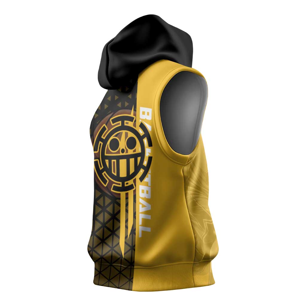 Trafalgar Law One Piece Basketball Theme Yellow and Black Design Sleeveless Hoodie with Heart Pirates Emblem and Action Pose - The Mazicc