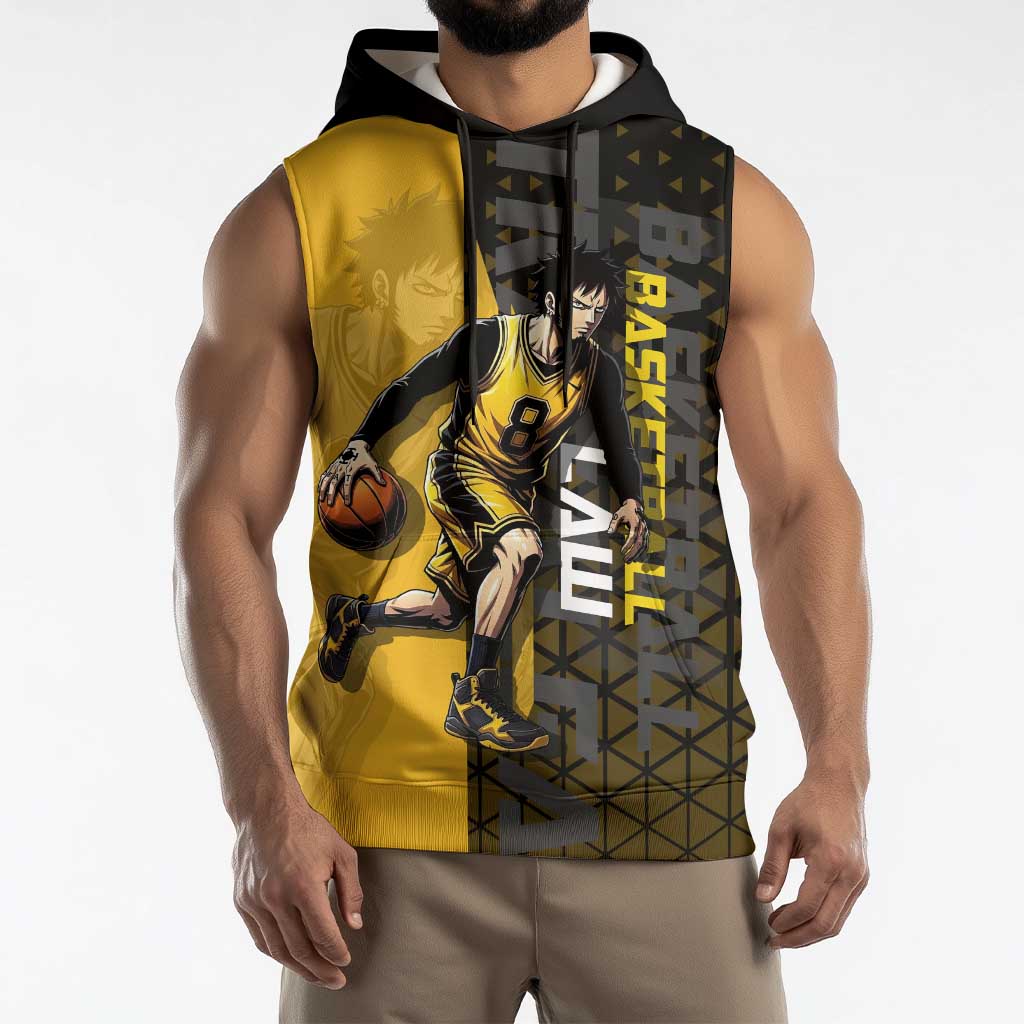 Trafalgar Law One Piece Basketball Theme Yellow and Black Design Sleeveless Hoodie with Heart Pirates Emblem and Action Pose - The Mazicc