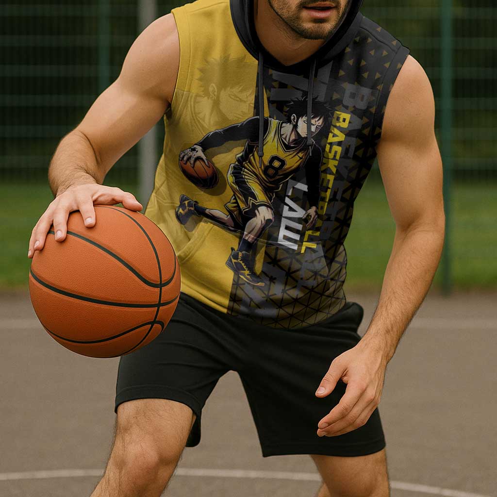 Trafalgar Law One Piece Basketball Theme Yellow and Black Design Sleeveless Hoodie with Heart Pirates Emblem and Action Pose - The Mazicc