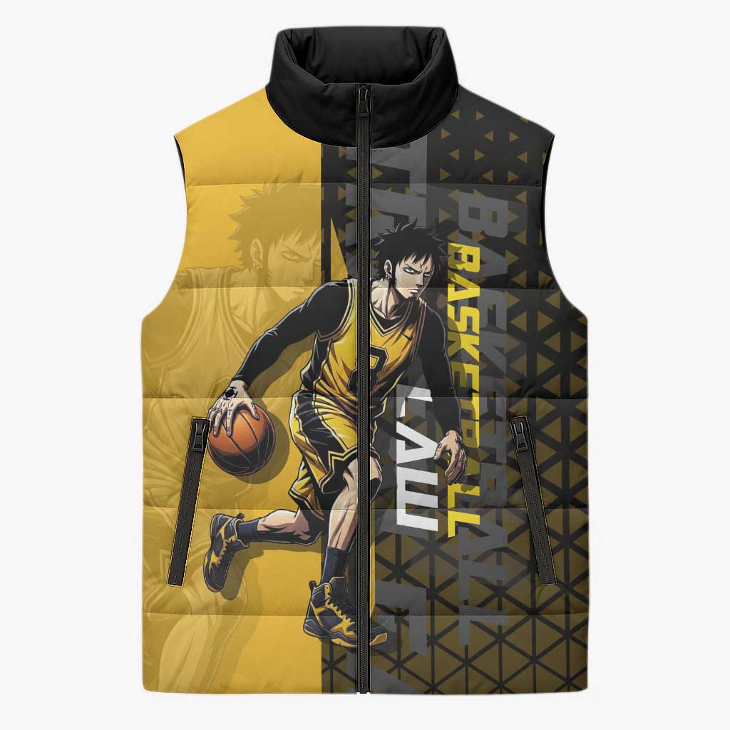 Trafalgar Law One Piece Basketball Theme Yellow and Black Design Sleeveless Puffer Jacket with Heart Pirates Emblem and Action Pose - The Mazicc